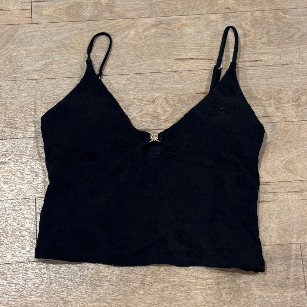 Seamolly Terry Cloth Floral Jacquard Cut Out Rhinestones Decore Tankini Black - Picture 2 of 6